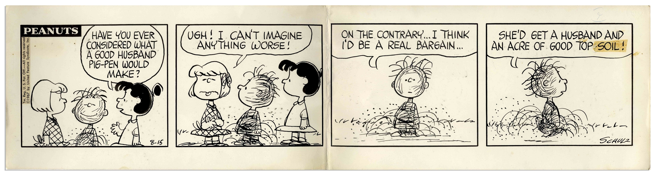 Charles Schulz Hand-Drawn ''Peanuts'' Comic Strip From 1967 -- In This Strip Violet Argues That Pig-Pen Would Make a Good Husband